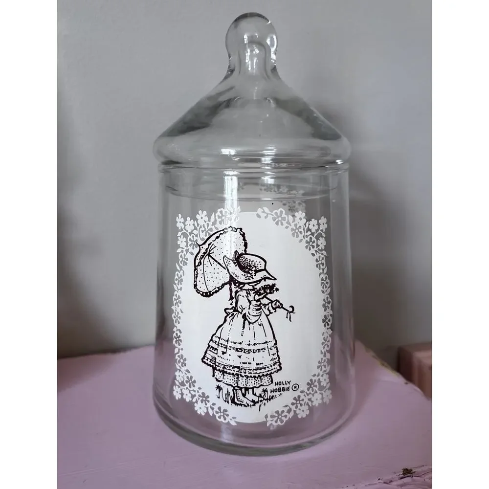 Vintage Holly Hobbie Glass Candy Tea Jar Cansiter Lid American Greetings
